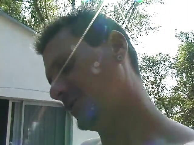 Horny black haired beauty sucks and fucks four men by the pool