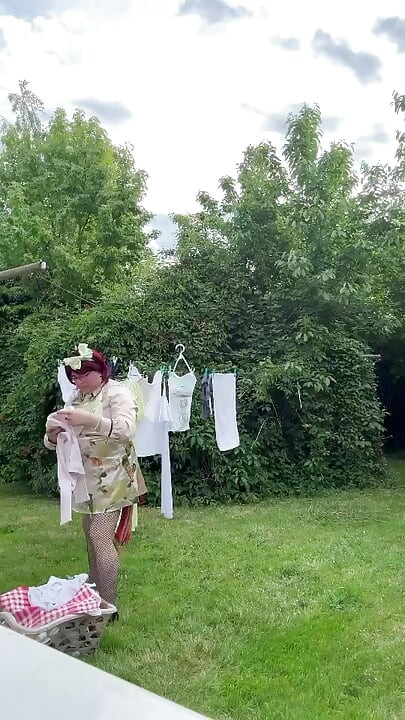 Dressed in a little dress to pick up the laundry