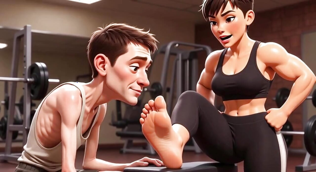 Strong Muscular Woman Makes Skinny Slave Lick Her Feet