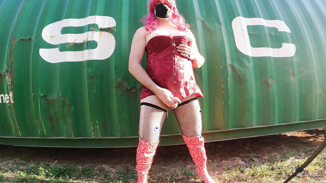 Big soft fake tits crossdresser having jacking off by a shipping container