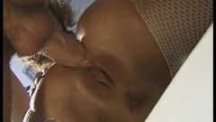 Hot black hair slut sucking stiff cock and gets fucked on a couch