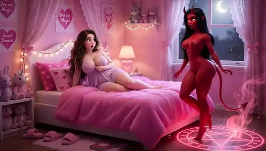 Red Desire Awakens dalam Panggilan Penuh Gairah di Ranjang Merah Muda (AI generated)