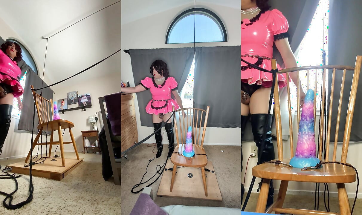 Sissy Candy in Self Bondage with Huge Dildos