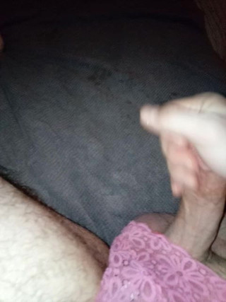 Jerking off in wife's pink VS t-string