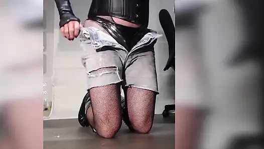 Crossdresser in Boots, Fishnet, Corset and Panties, Hot Red Nails, Cuming While Teased with Toy.