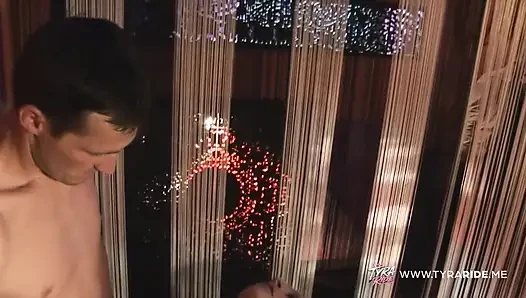Muscular Stud Fucks Slim Ebony in Shower Then Blonde on Red