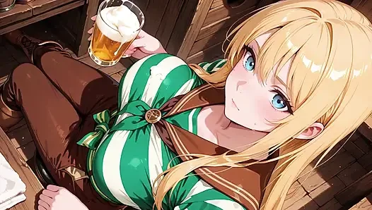 Sie schluckt Bier, während sie ihren schürze repariert, und enthüllt sahniges dekolleté.