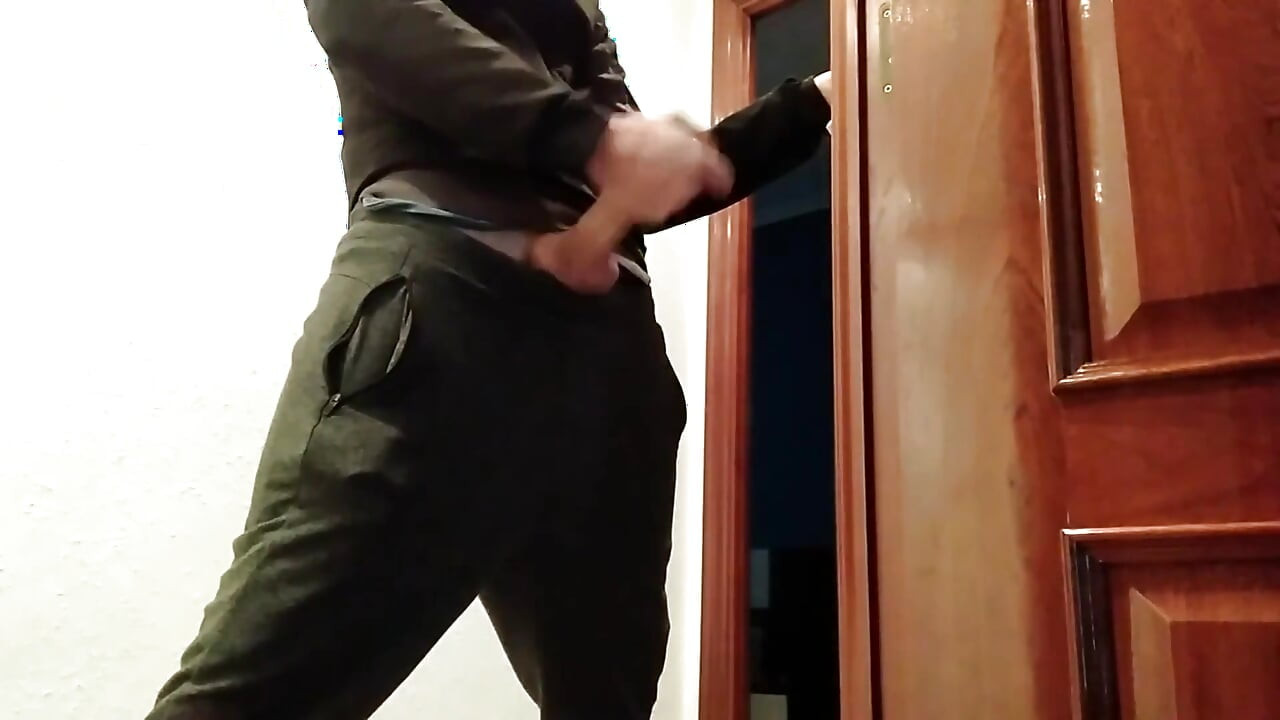Handjob From Hot Amateur Guy with Big Cock, Shoots at the Door