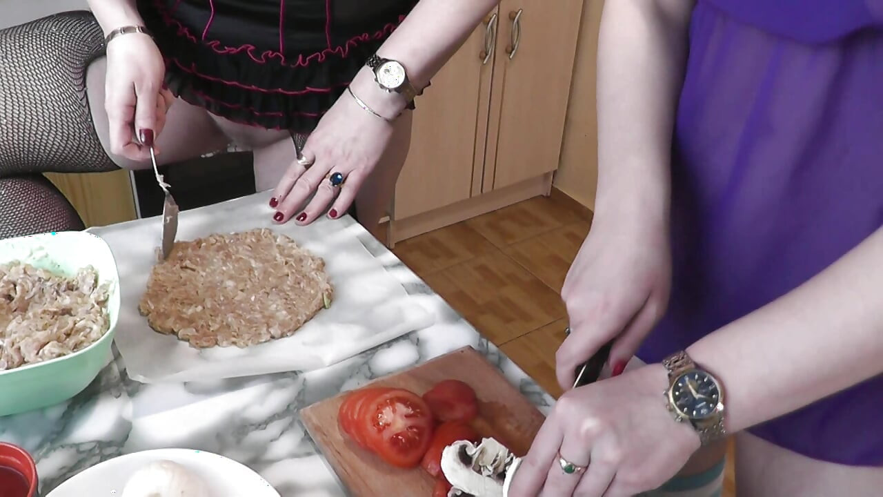 Threesome Nudist Naturists Mature MILF and young girl without panties in short T Shirt kisses in kitchen Old man neighbor joined