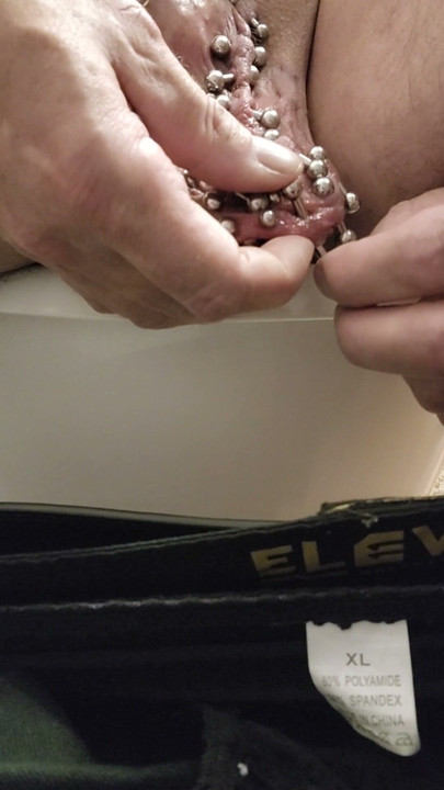 Added more 6 gauge piercings to my scrotum,  slid my finger down my urethral using my precum | Clip 1