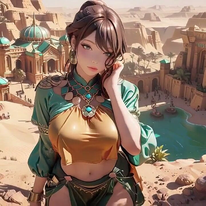 Green Gold Queen Coronation! Lazy Side-lying in the Desert Palace, Fingers Teasing Hair and Veil, Sun-kissed Skin Glistening.