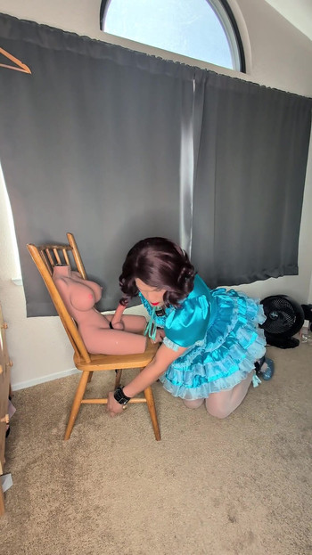 Satin Sissy Maid Plugs Herself and Sucks Her Doll