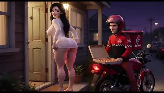 Kurvige frau in durchsichtigem weißem outfit spricht mit pizzabote an ihrer tür in der nacht (AI generiert)
