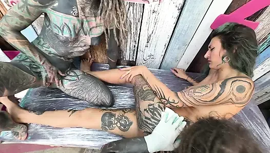 Tattoo Session Gone Filthy - Pierced Pussy Licking and Anal Play