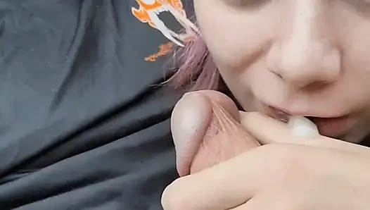 Giving a hot purple haired teen an oral creampie in the car!