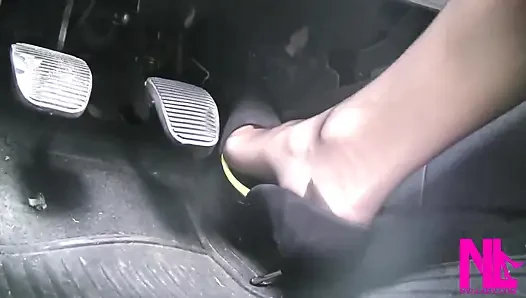 Sensual Driving in Black Suede Pumps with Thin Metal High Heels