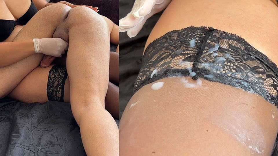 Pegging him while thigh job until he cum on my stockings