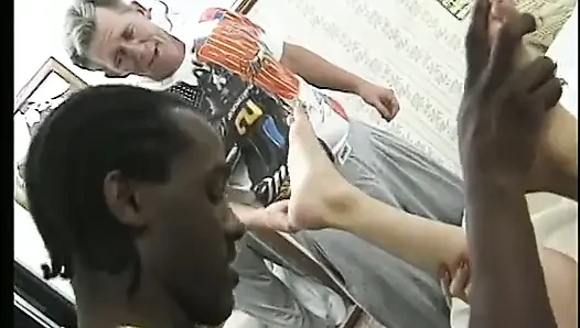 Amazing european chick gets her asshole fucked with white and black cocks