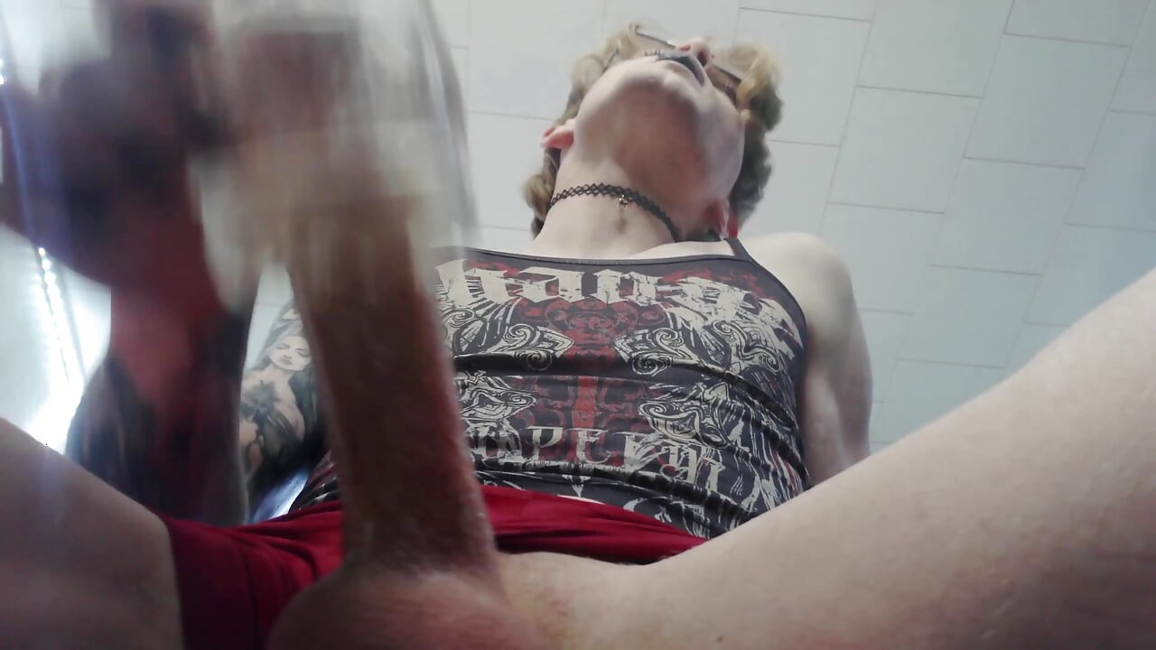 Pov between thighs - strawberry blonde goth femboy long edging session + cum drips down at camera