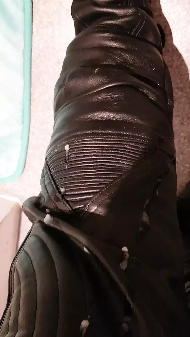 Jizz off on leather biker pants