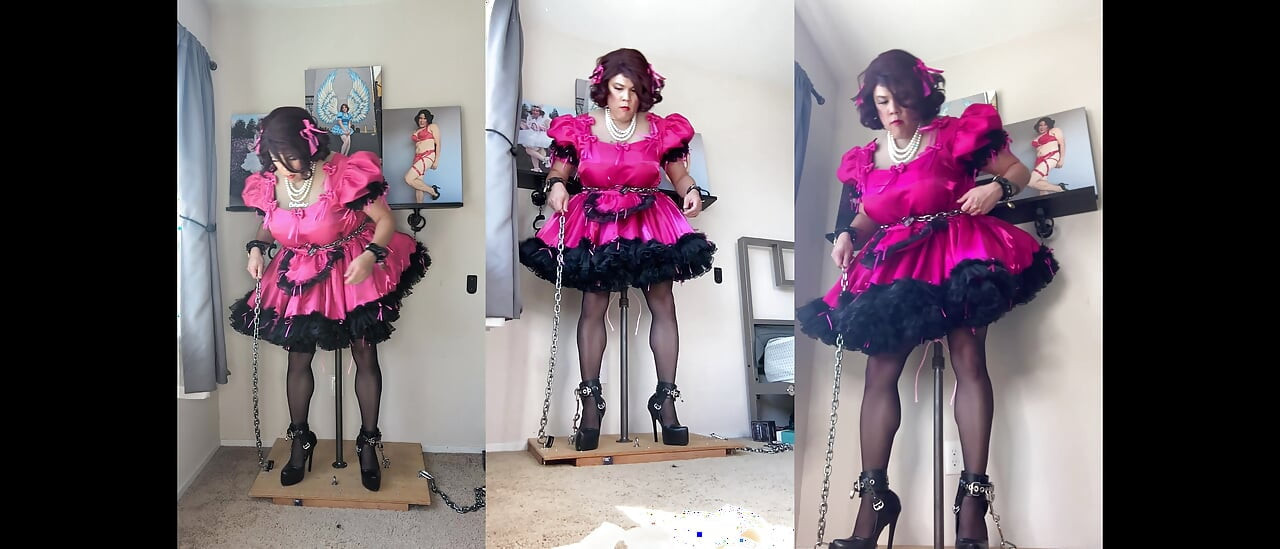 Pink Sissy Maid Candy Is Locked Onto Her Dildo Stand and Rides Her Pole