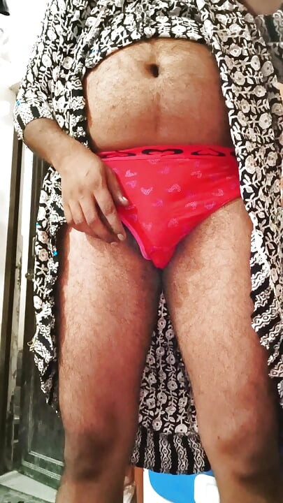 Sissy gauri cums in red panty and dress