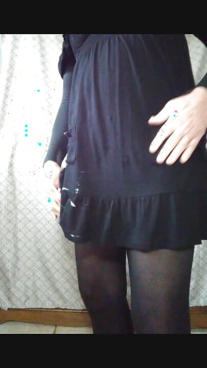 CD, black pantyhose, dress. Masturbates and cum.