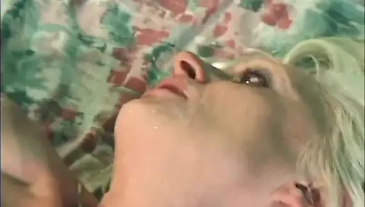 Mature couple pussy fucking and fingering in the bedroom, with cum in mouth