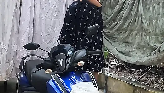 Kerala chache nude photoshoot on scooter. Mallu girl stripping off to show her sexy boobs and ass.
