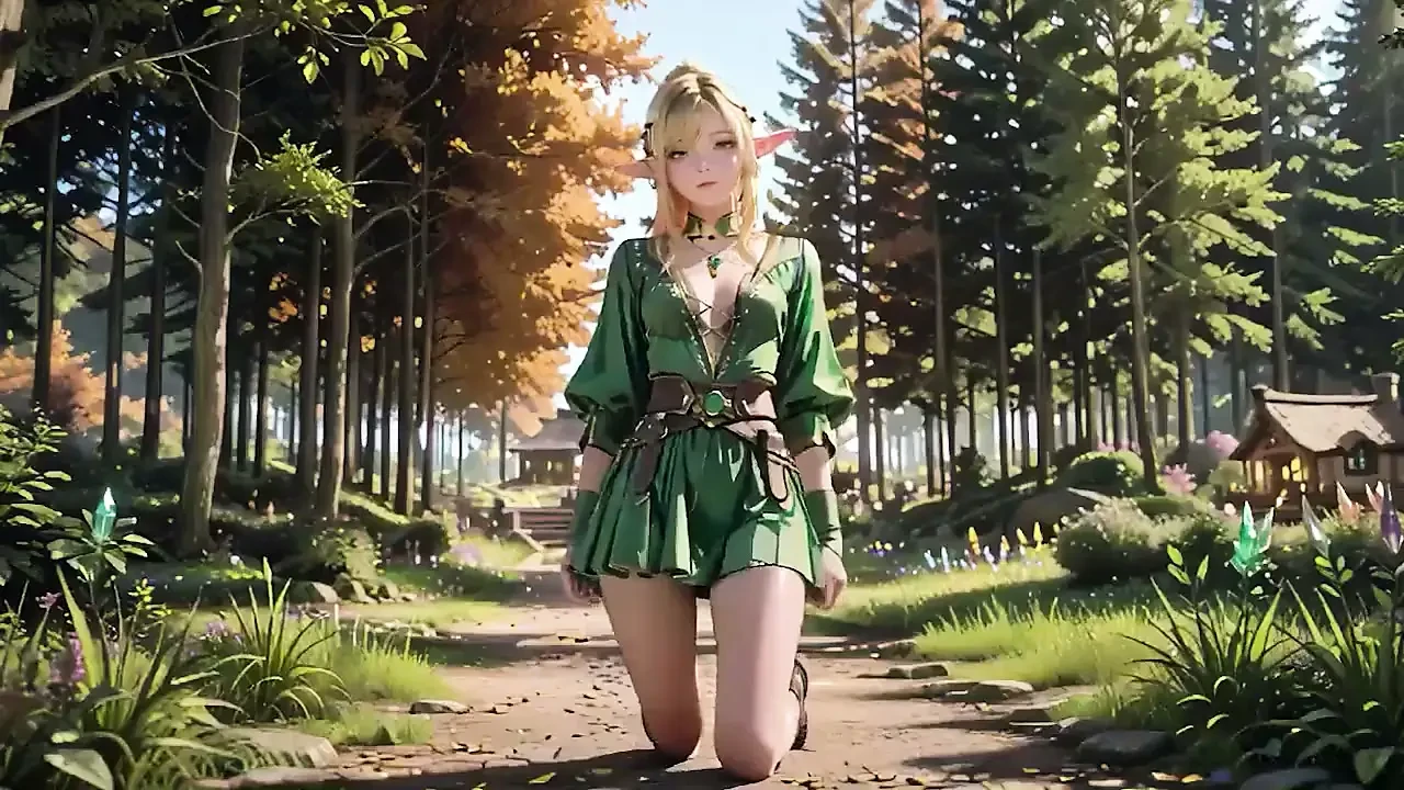 Forest Elf Queen! Kneeling in the Dappled Sunlight, Her Fingertips Tracing the Staff as She Gets Wet.