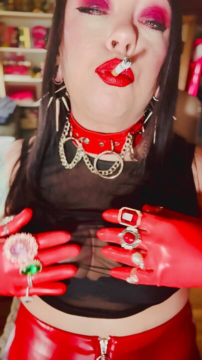 Latex Gloves, Jewellery & A Smoking Queen! Tina Snua Soking A Cigarette & Showing Off Her Gloved Hands - Drifting Dangles Rings