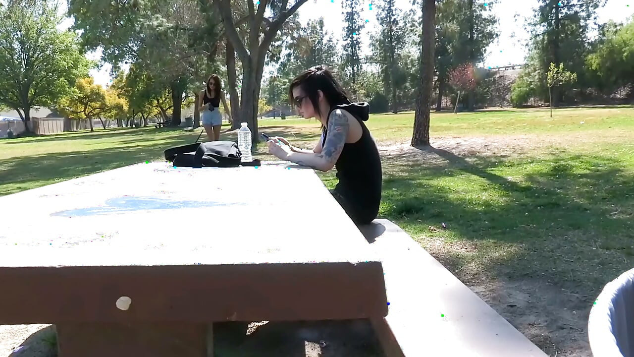 From the Kitchen to the Pink Terrace: Tattooed Girl Strips the Slim Brunette