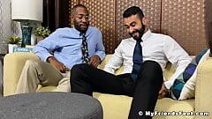 Black gay worships his buddies feet while he jerks off dick