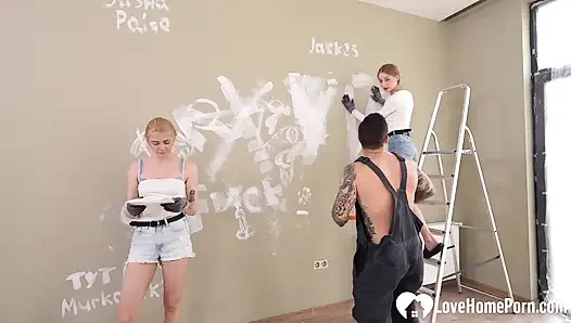 Painting walls turns into a wild threesome