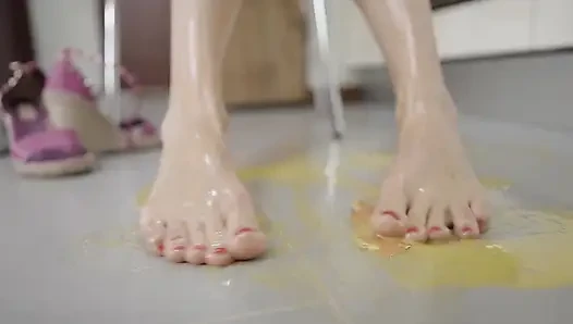 Bored Blonde MILF Tramples Eggs with Hot Feet - Foot Fetish Crush!