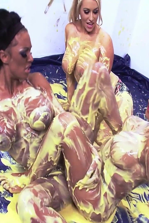 Smeared Lesbians Scene-4_lesbian Trio of Busty Women Cover Themselves in Color to Masturbate