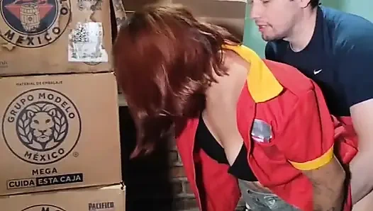 Shop cashier her boss in the cellar