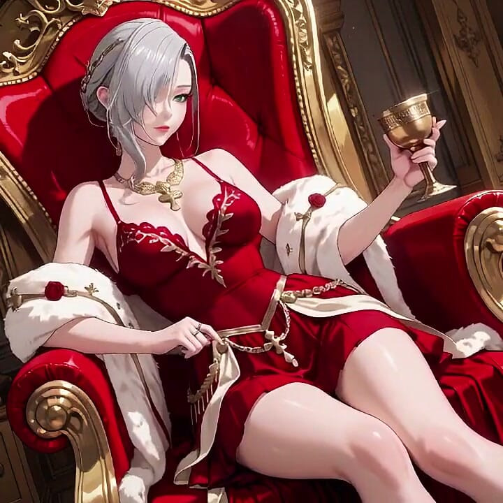 Silver Queen on the Golden Throne! Red Silk, Lazy Gaze, and a Teasing Glance That Melts You