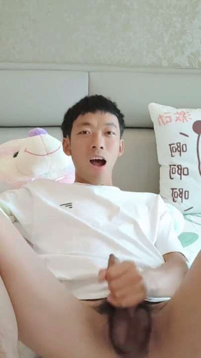 Cute Asian boy dorm bed with teddy bear masturbating moaning cum and eating cum | Clip 1