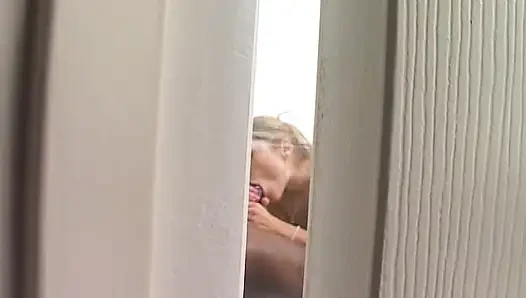 White Slut in Bathroom Gives a Deep Blowjob to the Huge Black Cock of Lexington Steele