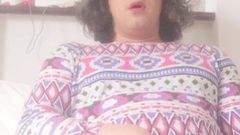 Sissy crossdresser strokes her cock and swallows own cum