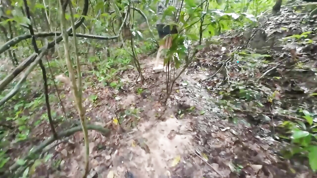 Thai girls walking and talking and picking mushrooms in the forest, secretly showing in the deep forest Clear Thai voice