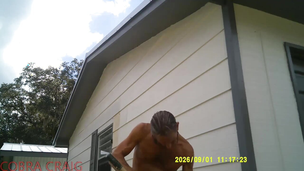 9-1-2026 COBRA CRAIG PAINTS IN HIS TINY RED SHORTS. 64YO. IN THE HEAT AND HUMIDITY.  ROCKS IT