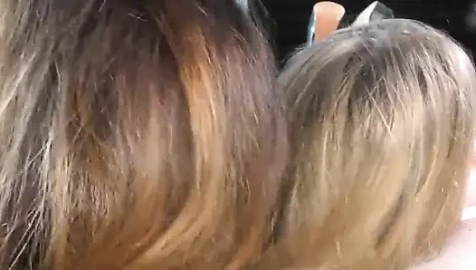 A hairjob with blonde and brunette babes