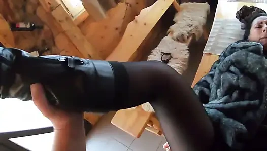 Elegant Fur-coated Slut Fucked on a Wooden Table and Covered in Cum Twice