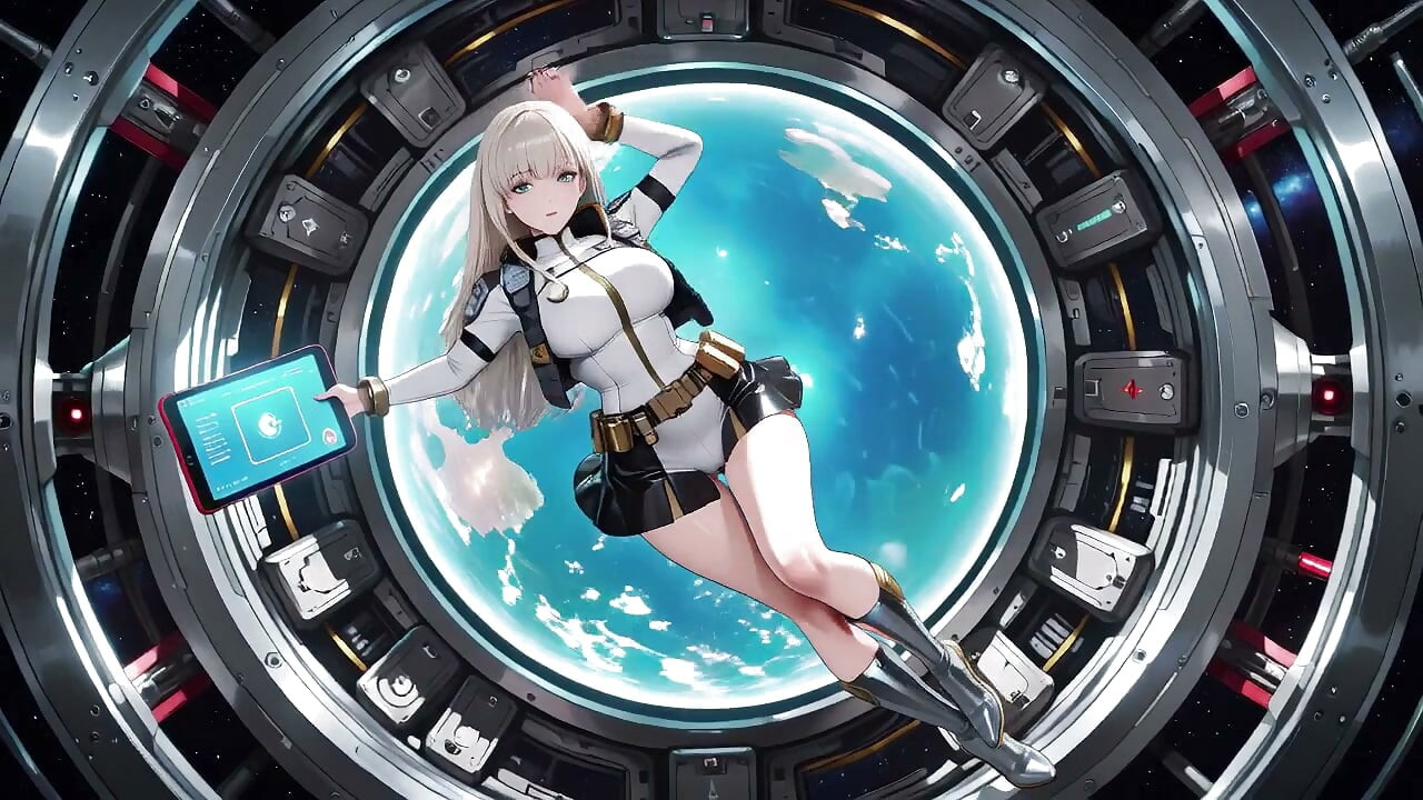 Private moments inside the futuristic spaceship where her white uniform is stretched to perfection.
