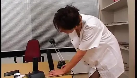 Mature Nurse Wearing Stockings While Getting Spitroasted by Two Doctors