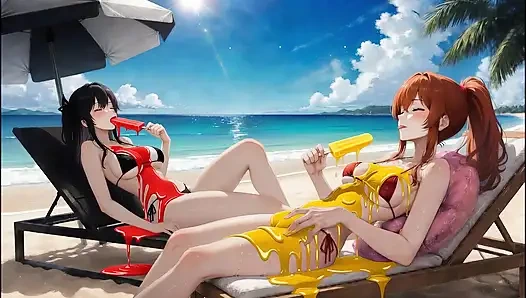 AI Gothic Beauty Meets Redhead Beauty – Beach Crossover (Eating Ice Pops)