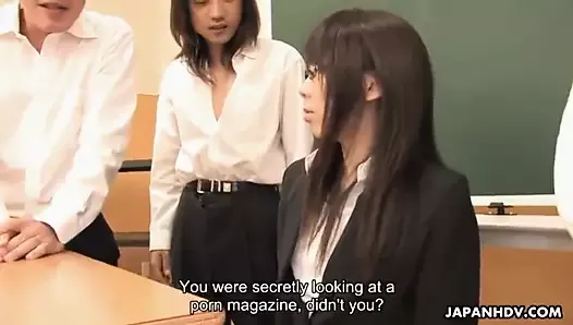 Cute Asian teacher waxed and creamed in a group