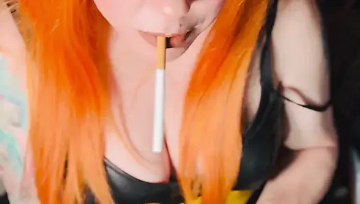 Hot Ginger Beauty, Tina Snua, Smoking A Cigarette In A Leather Dress - Snap Inhales OMI OME Drifting Cough